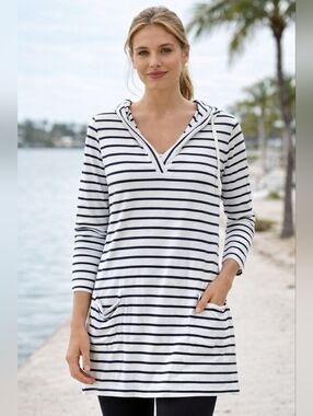 Coolibar Striped Hooded Tunic UPF 50 Coastal Chic Beach Coverup Resort Wear Larg